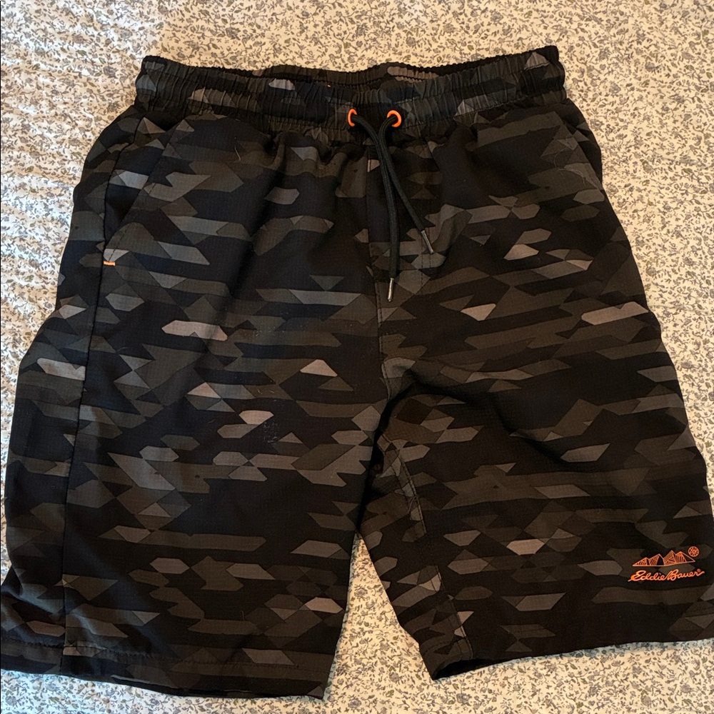Eddie Bauer Boys Black & Gray Camo Athletic Shorts with Orange Accents